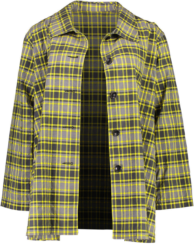 Front view,  open unlined plaid swing jacket with collar, Citizen Women